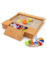 Kids Wooden Sandbox with Bench Seats and Storage Boxes