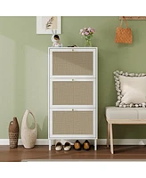 Boyel Living Rattan Shoe Storage Cabinet with 3 Flip Drawers Rattan 3 Door Shoe Rack Freestanding Modern Shoe Storage Cabinet for Entryway, White