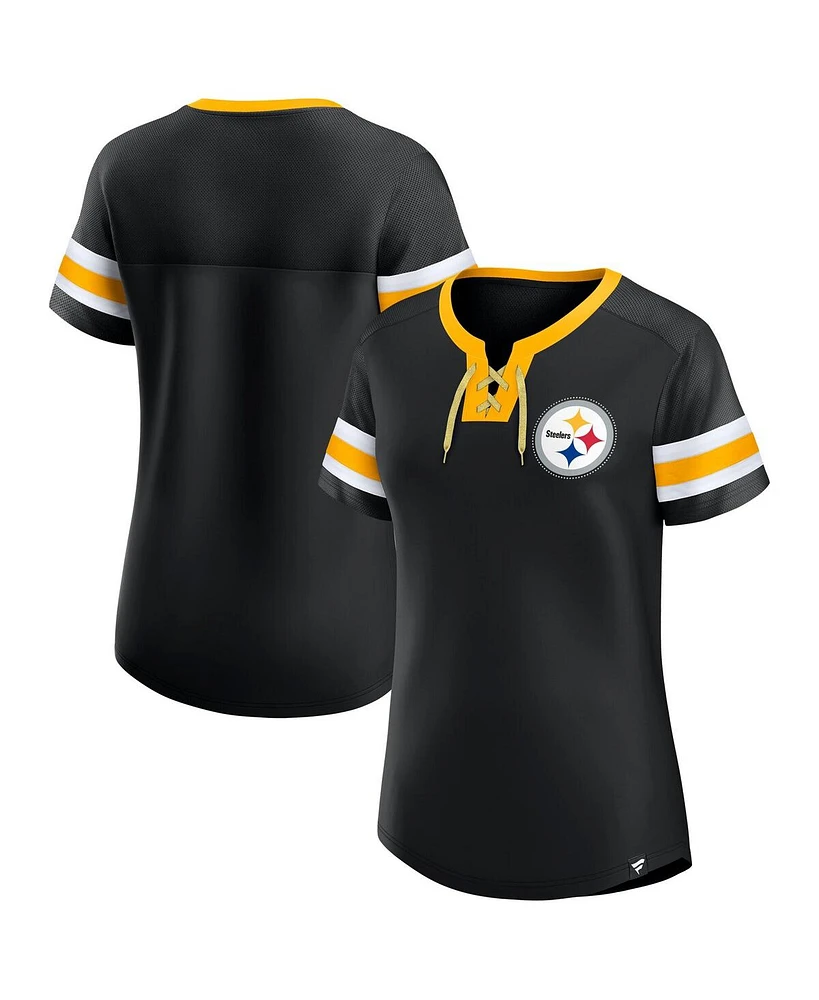 Fanatics Women's Black Pittsburgh Steelers Lace-Up Bling T-Shirt