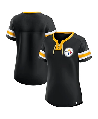 Fanatics Women's Black Pittsburgh Steelers Lace-Up Bling T-Shirt