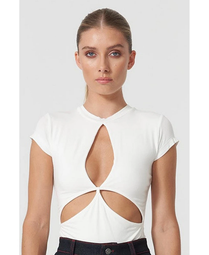 Jendue Women's Cutout Detailed White Basic T-Shirt