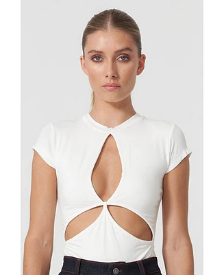 Jendue Women's Cutout Detailed White Basic T-Shirt