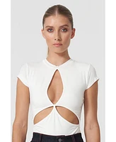 Jendue Women's Cutout Detailed White Basic T-Shirt