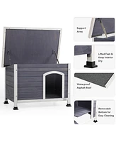 Small Wooden Outdoor Dog House, Waterproof Roof, Elevated Floor, Grey