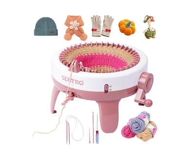 Sentro 40-Needle Knitting Machine - Pink | Make Scarves, Hats, Socks Fast | Includes Flat/Tube Key, Easy for Beginners & Kids