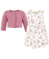 Hudson Baby Girls Cotton Dress and Cardigan Set, Mauve Sage Rose