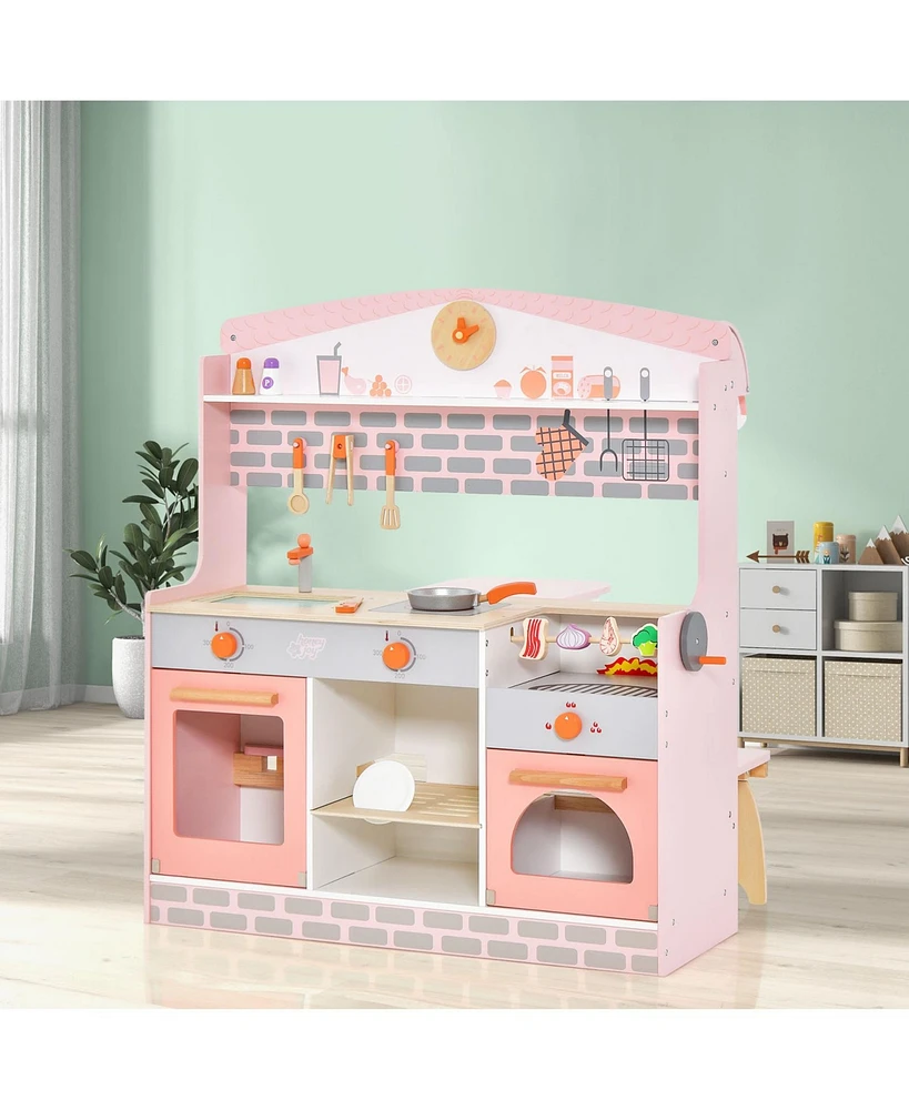 Mecale Double-Sided Kids Play Kitchen Set with Canopy and 2 Seats