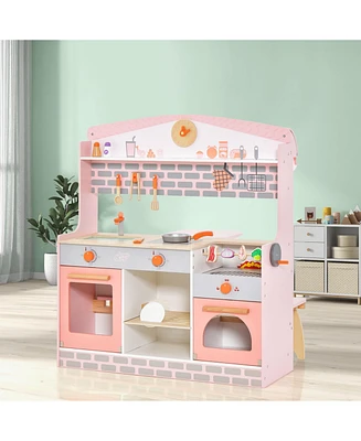 Mecale Double-Sided Kids Play Kitchen Set with Canopy and 2 Seats