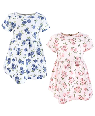 Hudson Baby Infant And Toddler Girls Cotton Dresses, Pink Blue Roses