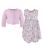 Hudson Baby Girls Cotton Dress and Cardigan Set, Pink Purple Pretty Floral