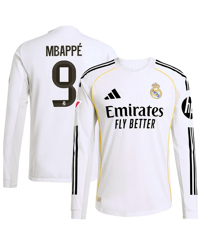Adidas Men's Kylian Mbappe White Real Madrid 2025/26 Home Authentic Long Sleeve Jersey