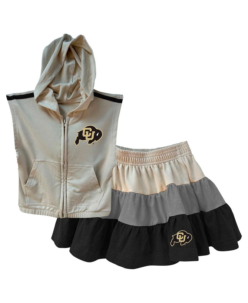 Wes & Willy Girls Toddler Tan Colorado Buffaloes Tri-Blend Sleeveless Full Zip Hoodie and Tiered Skirt Set