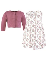 Hudson Baby Girls Cotton Dress and Cardigan Set, Plum Wildflower