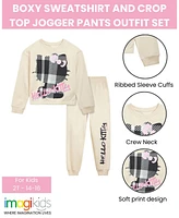 Hello Kitty Girls Fleece Boxy Sweatshirt Crop Top and Jogger Pants Outfit Set