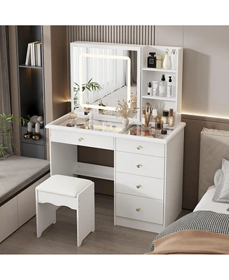 Homsee White Wood Makeup Vanity Set Dressing Desk with Glass Top