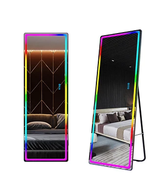 Vlsrka Wall-mounted or freestanding rectangular full-length mirror with adjustable Rgb lighting.