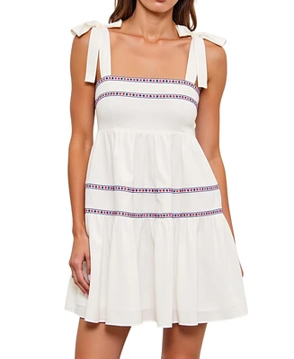 Modenaire Women's Sleeveless Tiered Embroidered Trim Mini Dress