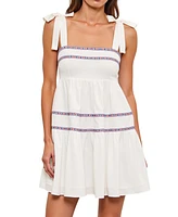 Modenaire Women's Sleeveless Tiered Embroidered Trim Mini Dress