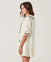 Modenaire Women's Pleated Contrast Collar Bow Tie Mini Dress