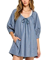 Modenaire Women's Striped V-Neck Front Tie 3/4 Sleeve Romper