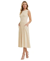 Modenaire Women's Cap Sleeve Knit Bodice Midi Dress with Pockets