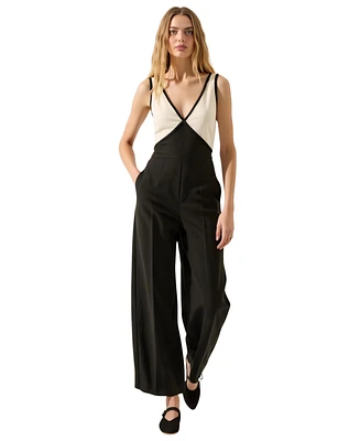 Modenaire Women's Sleeveless Two-Tone Deep V-Neck Wide Leg Jumpsuit