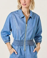 Modenaire Women's Zip Front Smocked Waist 3/4 Sleeve Romper