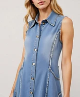 Modenaire Women's Sleeveless Frayed Seams Button Front Midi Dress