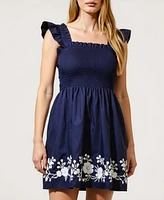 Modenaire Women's Smocked Ruffle Strap Floral Embroidery Mini Dress