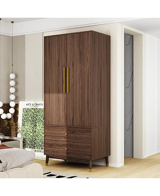 Famapy Grey Armoire with 2-Drawers, Hanging Rod and Gold Metal Handles