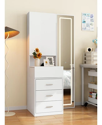 Famapy White Makeup Vanity Desk Wood Dressing Table With Sliding Top, Full-Length Mirror, Hidden Shelves, Drawers, Led Lights