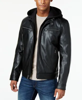 Michael Kors Men's Faux-Leather Hooded Bomber Jacket, Created for Macy's