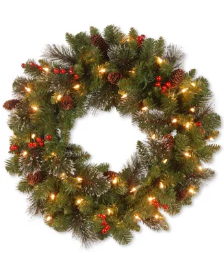 National Tree Company 24" Crestwood Spruce Wreath with Silver Bristle, Cones, Red Berries and Glitter with 50 Clear Lights
