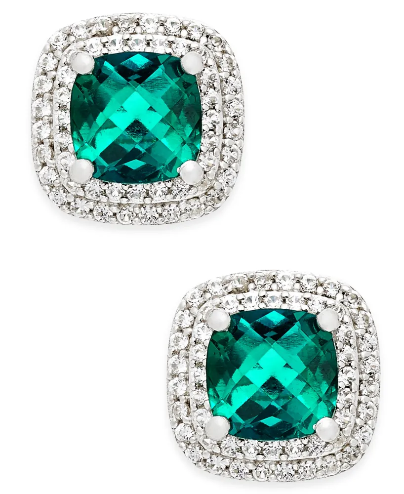 Lab-Grown Emerald (1-1/3 ct. t.w.) and White Sapphire (1/3 ct. t.w.) Square Stud Earrings in Sterling Silver