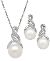 Cultured Freshwater Pearl (8 & 9mm) and Diamond Accent Pendant Necklace Earrings Set Sterling Silver or 14k Gold Over