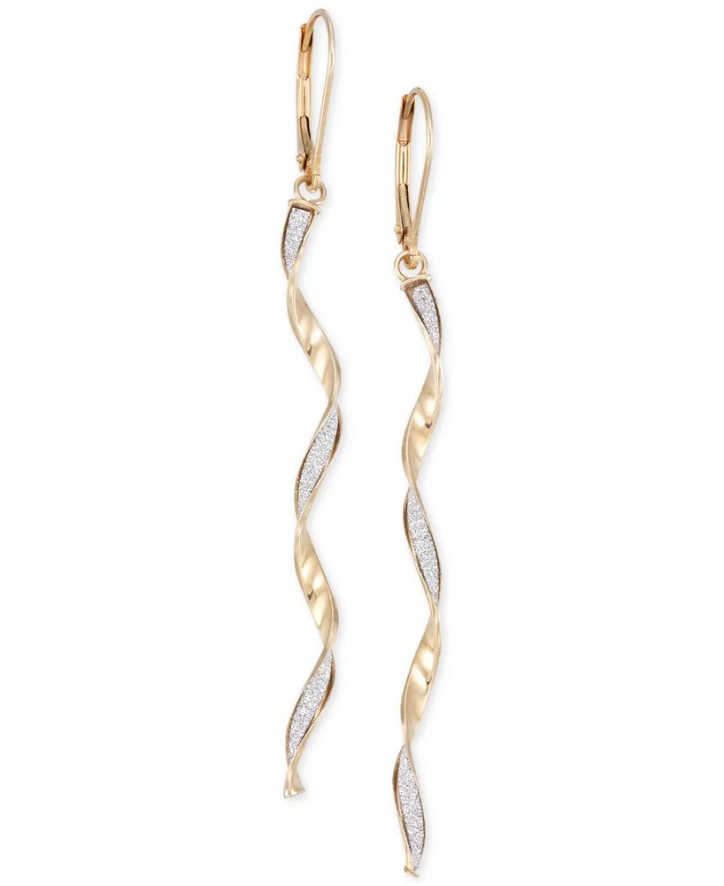 Italian Gold Twist Glitter Long Drop Earrings in 14k Gold