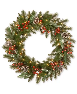 National Tree Company 30" Frosted Pine Berry Wreath With Pine Cones, Berries, Eucalyptus Leaves & 50 Battery-Operated Led Lights