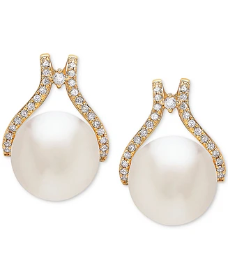 Honora Cultured White Ming Pearl (12mm) & Diamond (1/3 ct. t.w.) Stud Earrings in 14k Gold