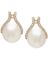 Honora Cultured White Ming Pearl (12mm) & Diamond (1/3 ct. t.w.) Stud Earrings in 14k Gold