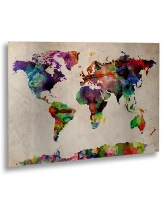 Michael Tompsett 'Watercolor World Map' Floating Brushed Aluminum Art - 16" x 22"