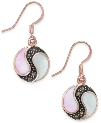 Marcasite & Mother-of-Pearl Disc Drop Earrings in Rose Gold-Plate