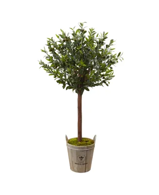 Nearly Natural 4.5' Olive Topiary Artificial Tree in European Barrel Planter