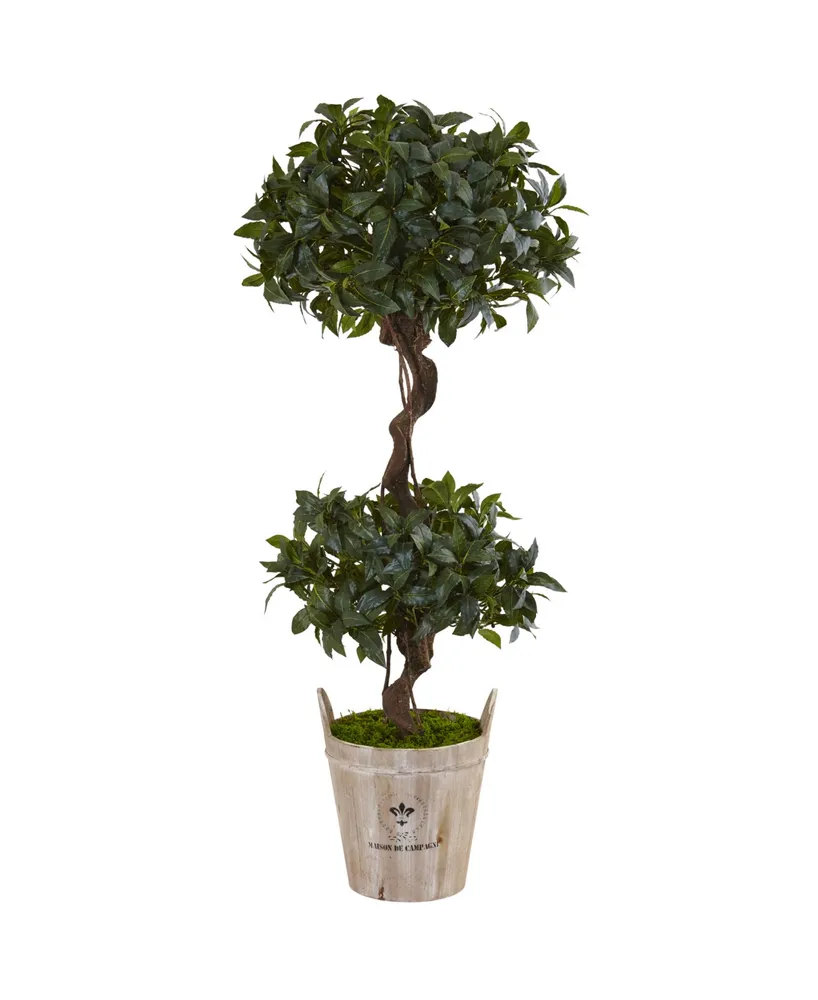 Nearly Natural 4.5' Sweet Bay Double Topiary Artificial Tree in Farmhouse Planter