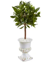 Nearly Natural 2.5' Sweet Bay Mini Topiary Artificial Tree in White Urn Planter