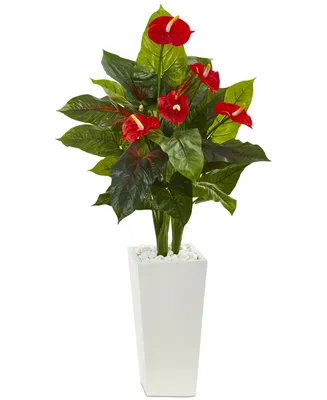 Nearly Natural 4.5' Anthurium Artificial Plant in White Tower Planter