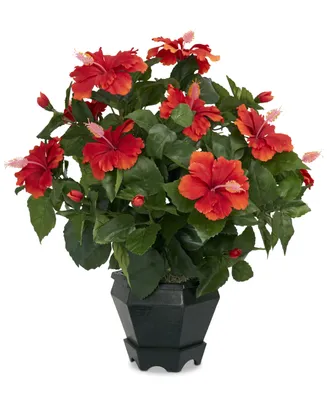 Nearly Natural Hibiscus Artificial Plant in Black Hexagon Vase