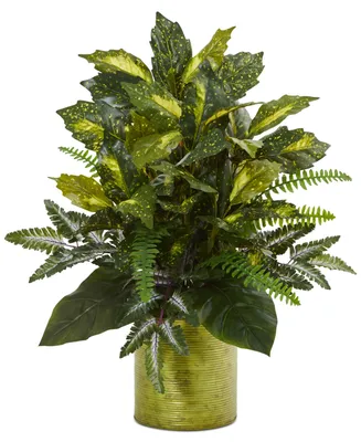 Nearly Natural Mixed Greens Artificial Plants in Green Tin Planter