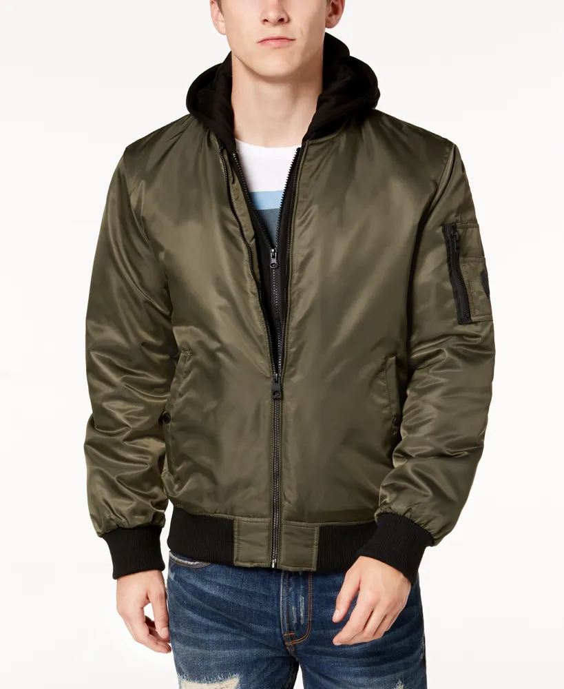 Guess Men's Bomber Jacket with Removable Hooded Inset