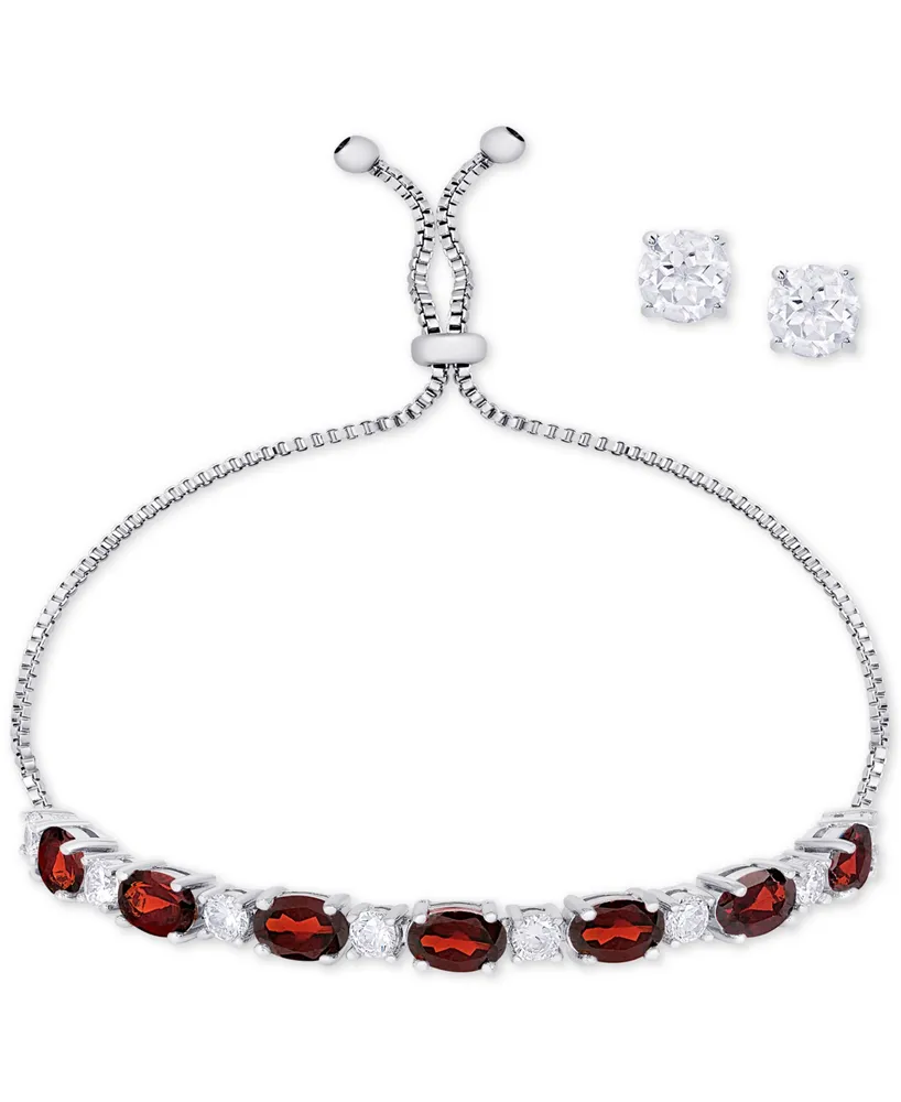 Simulated Garnet Slider Bracelet & Cubic Zirconia Stud Earrings Set In Silver-Plate, January Birthstone