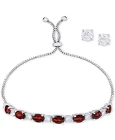 Simulated Garnet Slider Bracelet & Cubic Zirconia Stud Earrings Set In Silver-Plate, January Birthstone